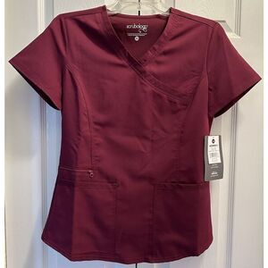 Scrubology Ladies Wine Red Mock Wrap Scrub Top Size XS NEW